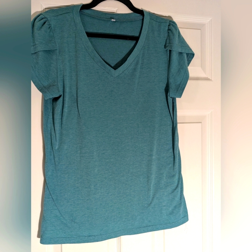 Women's Teal V-Neck Top with Tulip Shoulders